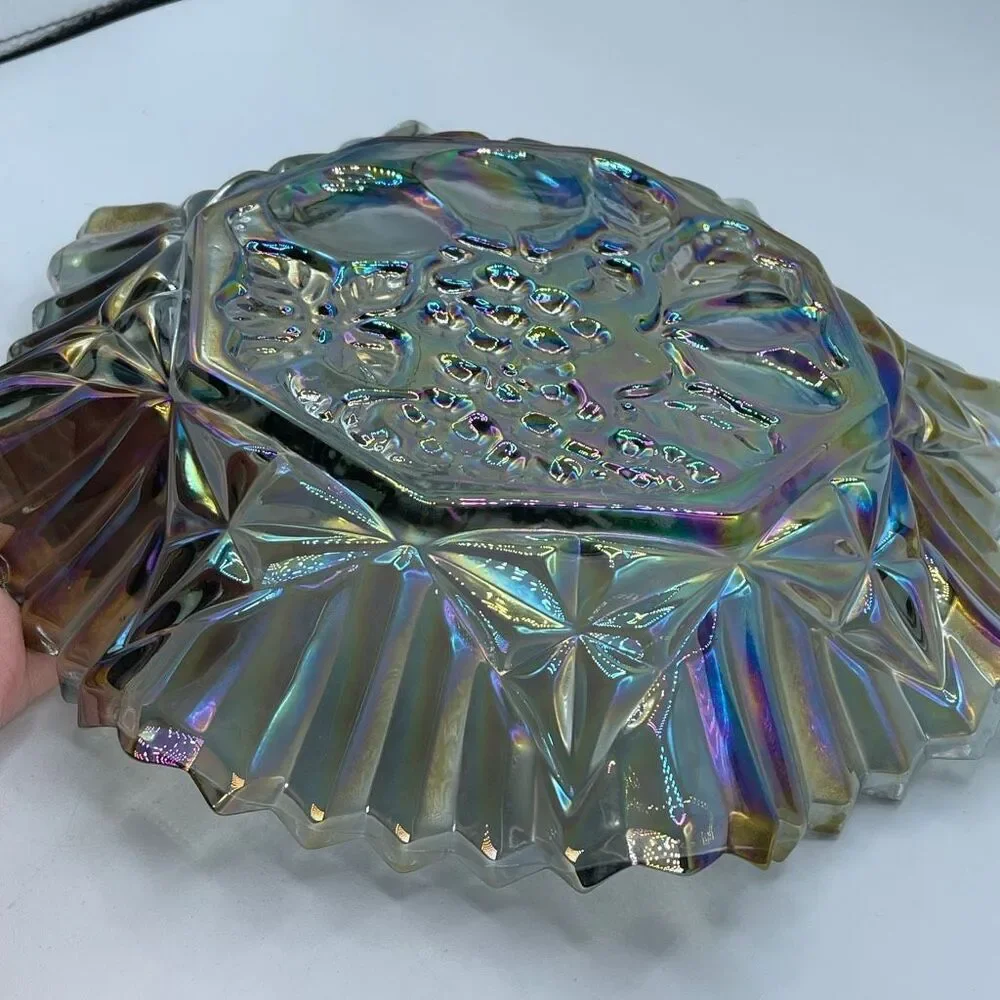Vintage Federal Glass Pioneer Smoke Iridescent Carnival glass ruffled bowl.